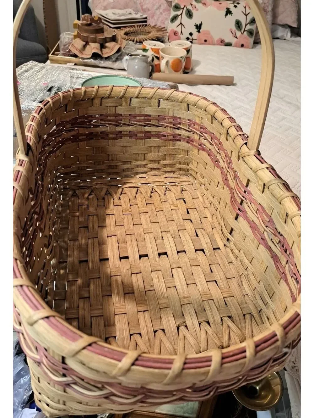 Vintage Handmade Hand-Painted Woven Splint Basket w/ Mauve Accent Weave 11